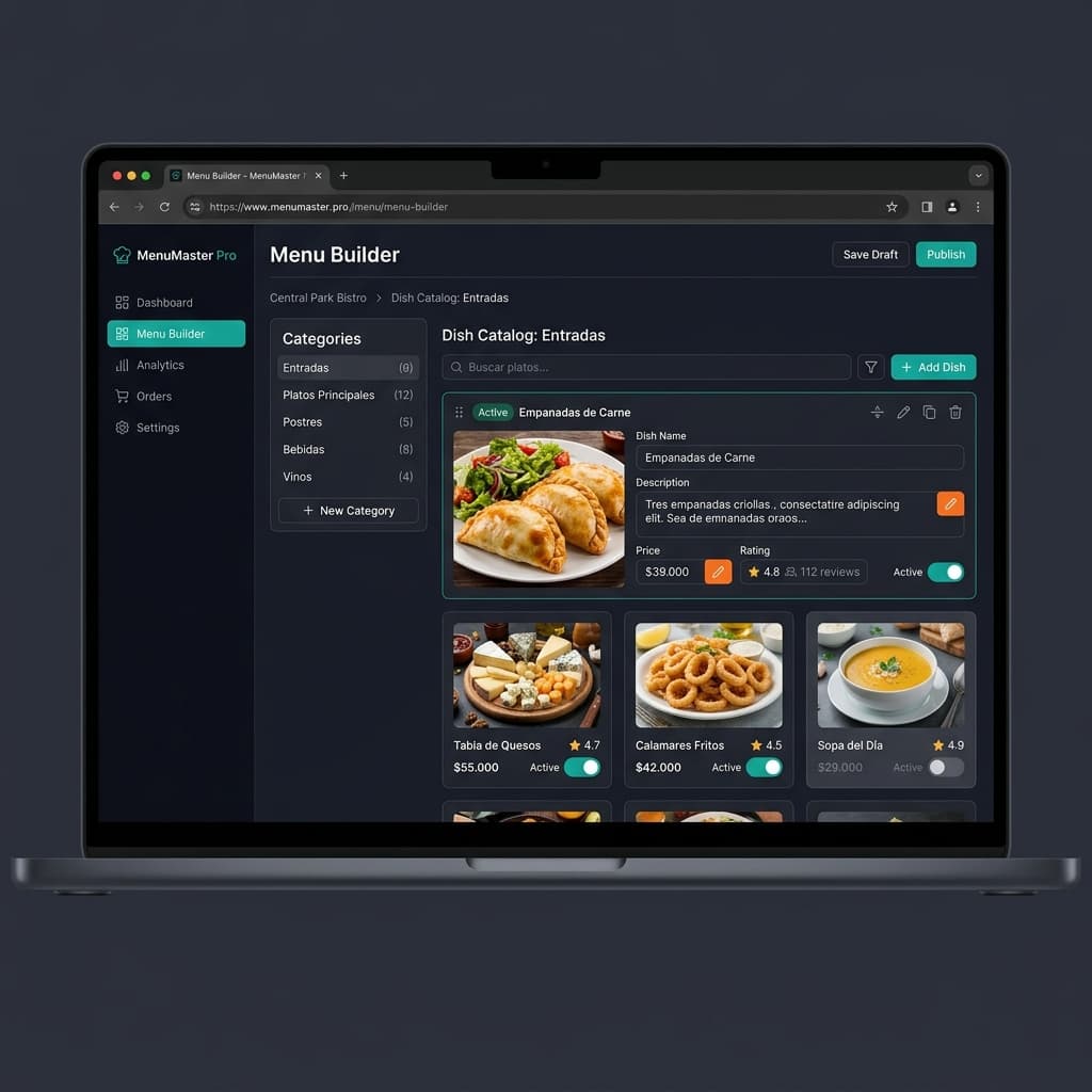 Captura de pantalla del administrador de platos y categorías de Menualo